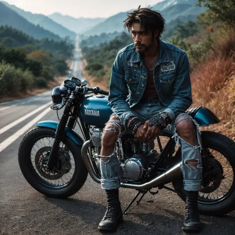 1980s, cafe racer, Harley Davidson, man, riders wear, beautiful face, torn pants, very intricate details, clean paint, single road in wilderness, realistic photo, taken with Fuji film X-T30+Nokton. HDR10