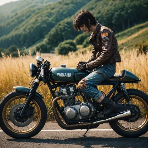 1980s, cafe racer, Harley Davidson, man, riders wear, beautiful face, torn pants, very intricate details, clean paint, single road in wilderness, realistic photo, taken with Fuji film X-T30+Nokton. HDR10