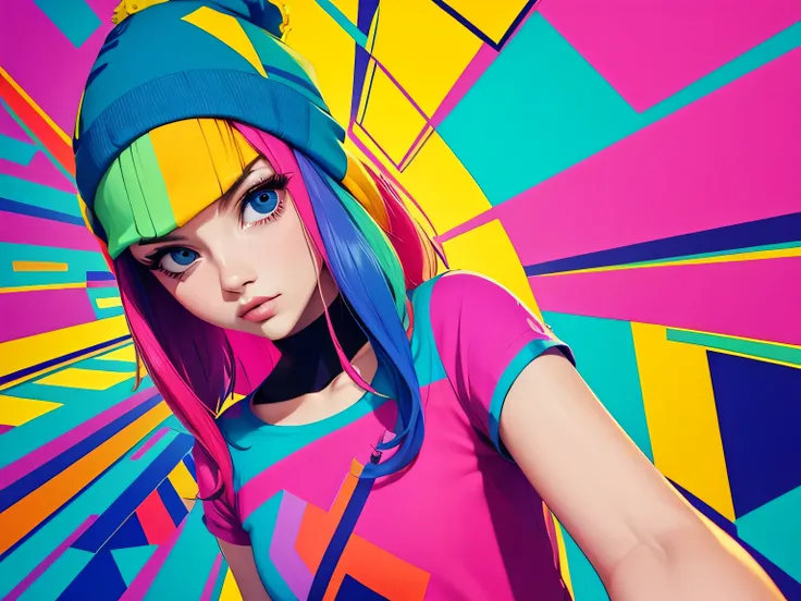 Create a vibrant, abstract print with geometric shapes and bright colors, ideal para camisetas modernas. Use um estilo de arte digital com texturas suaves e um toque de neon.