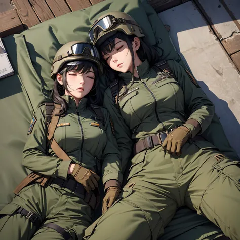 Top view、Two female soldiers wearing helmets sleeping、 M-51 Military Uniform 、Goggles、Military Pants、See the crotch、Write details、masterpiece、best quality、Highly detailed CG、8K picture quality