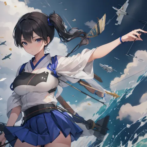 Kaga(Fleet Collection),highest quality, masterpiece, High resolution,kimono,blue skirt,side ponytail,big_breasts,solo,Japanese_bow&arrow,dynamic_posing,half_eyes,solo