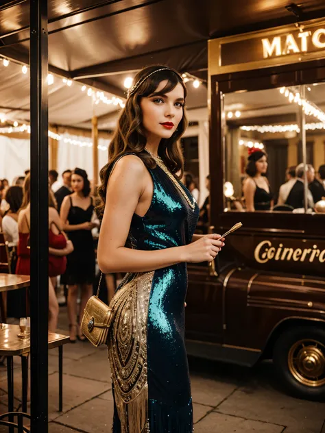 A 25-year-old woman, wear a 1920 tassel sequione emerald flapper dress, adorned with sequins and fringe, event on Governors Island, where attendees dress in period attire and enjoy live jazz music, dancing, vintage cars, and prohibition-era cocktails. It’s...