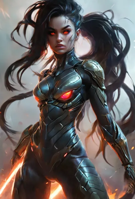 1 female alien, the predator, (extremely beautiful:1.2), (intense gaze:1.4), (predator:1.1), long dark claws, (nsfw:0.8), nipple...