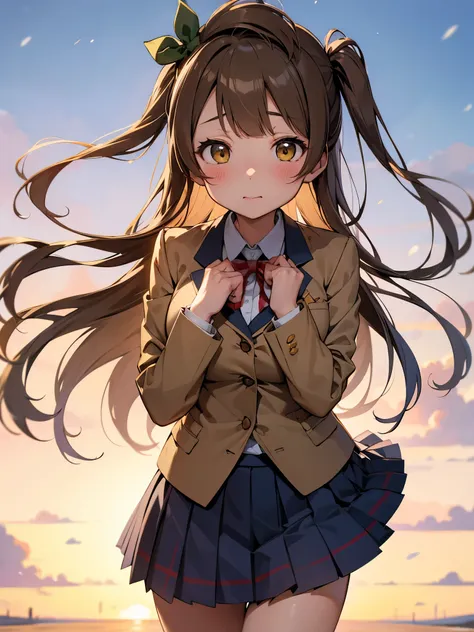 nsfw,minami kotori、brown hair、（brown eyes：1.5）、one side up、ヘアribbon、ribbon、long hair、blazer、blue skirt、jacket、otonokizaka academ...