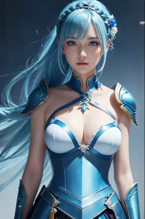 8k,Close-up of a woman in a blue and white dress、Draw your sword,Blue Hair, Super Beauty,(Like the real thing)blue eyes,ponytail,Chengwei Pan at Art Station、 By Yang Jo、 Detailed fantasy art、Amazing character art、 Fan Art Best Art Station、 Gorgeous and det...