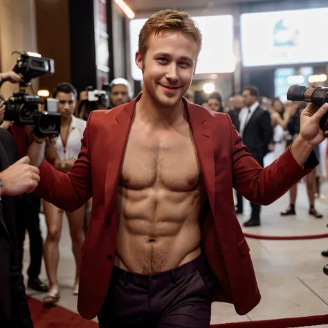 Ryan gosling open his Shirt off in front of many people. He just walk through them. He just wore the red suit with no Shirt inside. He got attention. He smile for all of them. Ryan is in a red carpet. Everycamera focus on ryan