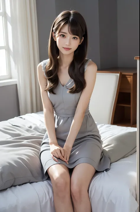 (Highest quality:1.9)、(High resolution)、Live-action image quality、((Neat and clean female college student、1 person))、Soft lighting by a professional photographer、Natural light、((Very spacious white luxurious room:1.6))、((Bright white room:1.6))、(Sitting on...