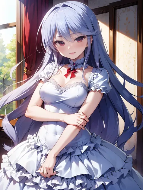 nsfw,kazuki kazami、silver hair、long hair、red eye、(high-quality tight dress:1.5),(perfect hands),(perfect anatomy),(masterpiece),...