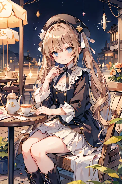 caustics, high details, high quality, sparkle, front view, 1girl, girl, sister, cute, small, close your eyes and smile, blush, beautiful girl, looking at the camera, shiny hair, light brown hair, very long hair, long hair that reaches the butt, blunt bangs...