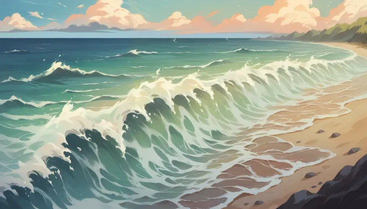 "Create a realistic image of a beautiful beach scene featuring stunning ocean waves. The scenery should capture the dynamic motion of the waves, the sparkling water, and the serene coastal environment."