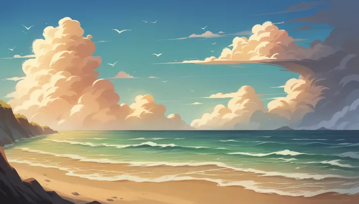 "Create a realistic image of a beautiful beach scene featuring stunning ocean waves. The scenery should capture the dynamic motion of the waves, the sparkling water, and the serene coastal environment."