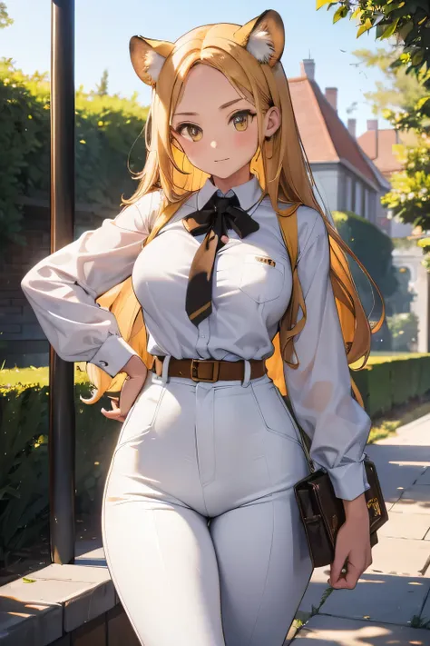 1 girl, single girl, cute, long brown-yellow hair, yellow eyes, big breasts, big hips, cheetah ears, cheetah tail, white blouse, wide brown pants, in a mansion, in a garden