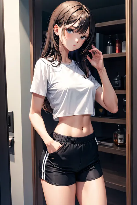 girl in sexy Basic Sport-Shorts Slim fit, standing