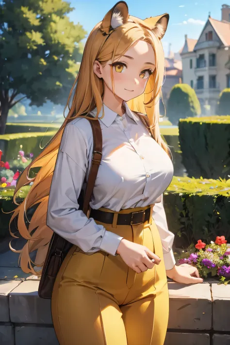 1 girl, single girl, cute, long brown-yellow hair, yellow eyes, big breasts, big hips, cheetah ears, cheetah tail, white blouse, wide brown pants, in a mansion, in a garden