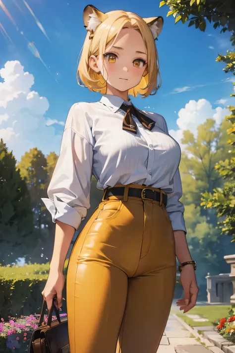 1 girl, single girl, cute, short hair, short brown-yellow hair, yellow eyes, impassive face, big breasts, big hips, cheetah ears, cheetah tail, white blouse, wide brown pants, in a mansion, in a garden