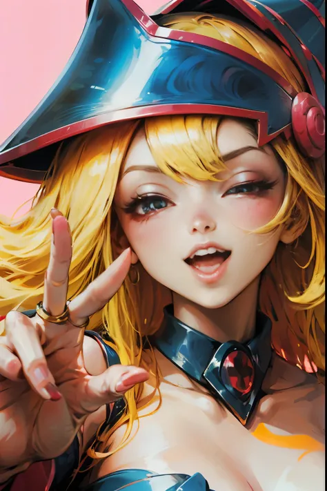 Beautiful dark magician Gils doing the peace and love sign with her fingers. She smiles in a sexy pose while making the peace sign with her hands. She winks, smiles and is flirtatious.