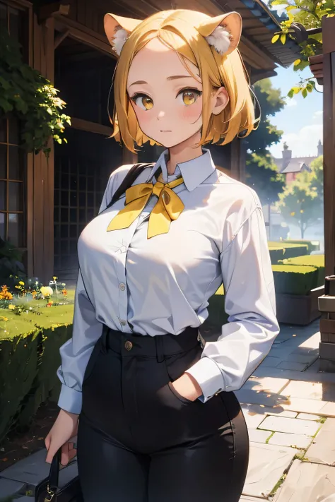 1 girl, single girl, cute, short hair, short brown-yellow hair, yellow eyes, impassive face, big breasts, big hips, cheetah ears, cheetah tail, white blouse, wide brown pants, in a mansion, in a garden