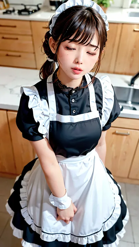 (8K photo quality、Ultra high definition、masterpiece, highest quality),1 girl, 16-year-old girl、solo, ((whole body))、(((Naked Apron)))、Mini apron、(((White ruffled maid apron)))、((The apron is made of lace fabric))、kitchen、(((Close your eyes, look up a littl...