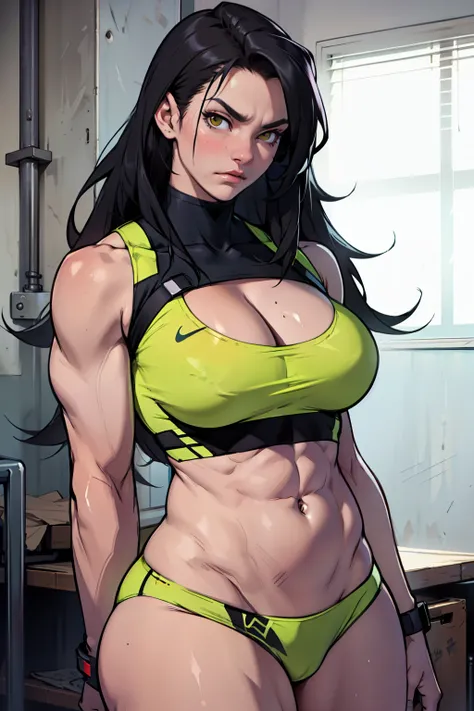 muscular girl perky breasts thick thick thick thick thick black hair yellow eyes pale skin expressionless sad