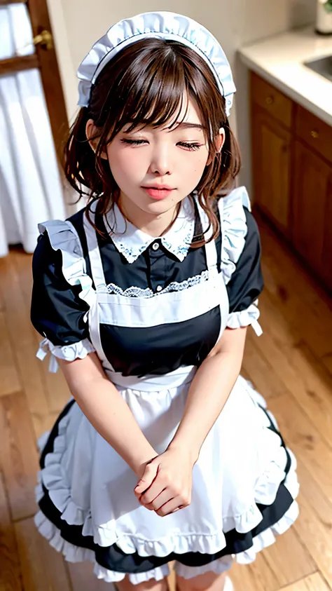(8K photo quality、Ultra high definition、masterpiece, highest quality),1 girl, 16-year-old girl、solo, ((whole body))、(((Naked Apron)))、Mini apron、(((White ruffled maid apron)))、((The apron is made of lace fabric))、kitchen、(((Close your eyes, look up a littl...