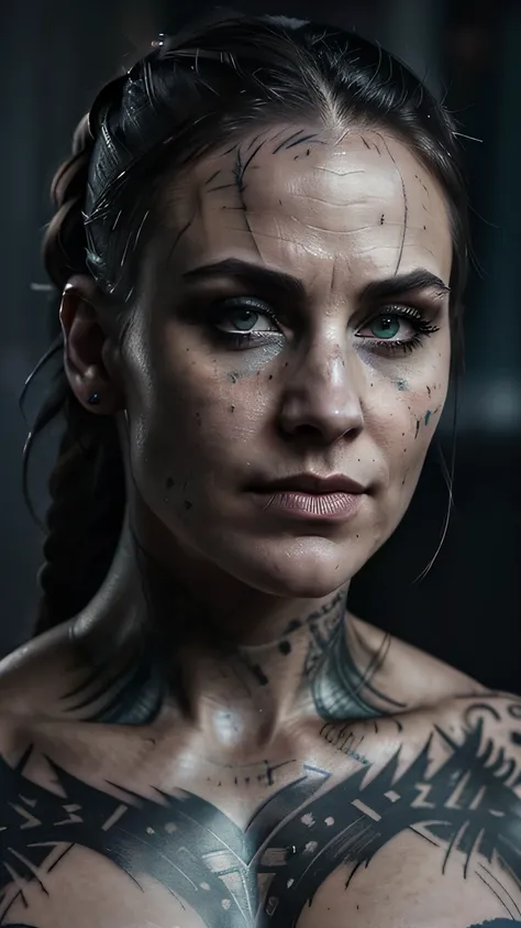 (best quality, hyperdetailed photography:1.2), beautiful lady, scars face, tattoos breast,(muscular body:1.1),,dark makeup, dystopian warrior,,,, ponytail,badass woman,,,,(massive perfect breast:1.0),head and breast portrait, (cinematic shot:1.5), (movie p...