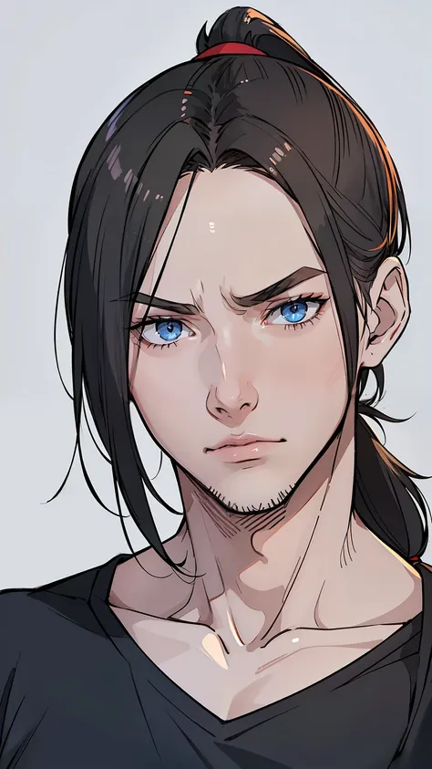 {8k image},  (((young man)), (((male))), intelligent, blue eyes, black hair, straight hair, long hair, dark hair bound up in a ponytail, (((ponytail))), pale skin, serious expression, urban casual clothes, Stern fase {looking directly at the viewer}, {faci...