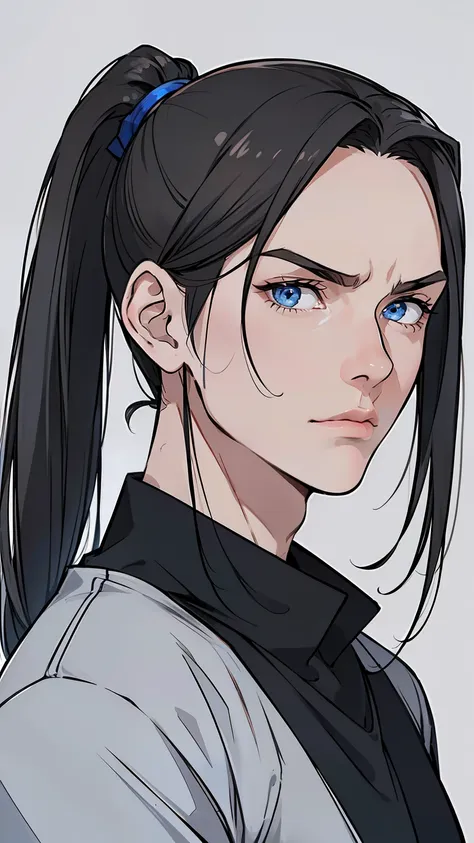 {8k image},  (((young man)), (((male))), intelligent, blue eyes, black hair, straight hair, long hair, dark hair bound up in a ponytail, (((ponytail))), pale skin, serious expression, urban casual clothes, Stern fase {looking directly at the viewer}, {faci...