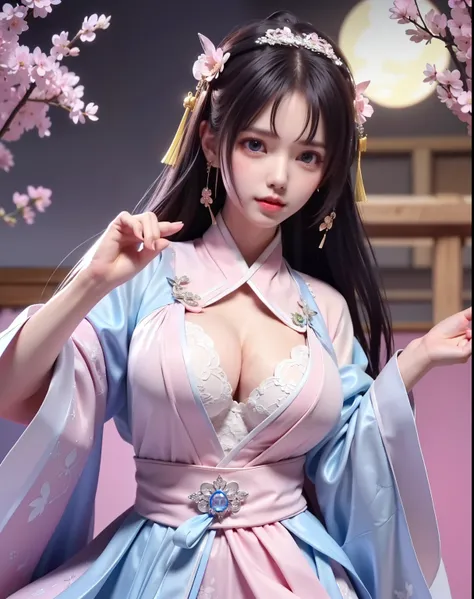 (8k, RAW photo:1.2), best quality, ultra high res,dramatic angle,(fluttered detailed color splashs), (illustration),(((1 girl))),(long hair),(rain:0.9), (Headdress:1.4),There is an ancient palace beside the girl,Hanfu,(Key Points),Color ink painting,(Splas...