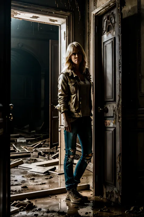 Blonde Kristen Wiig in torn up ruined clothes hiding in behind a sci fi door creepy lighting Night in abandoned baroque hall, baroque background, muddy ground, nighttime, clear white skin, wet and muddy, scratches everywhere, face dirty photography, natura...