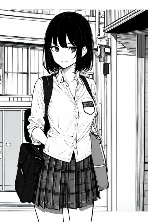 ​masterpiece, top-quality, 1girl in, Uniforms, A slight smil, a school bag, A dark-haired, Black eyes, cyberpunked, a street, monochromes, line-drawing、iced