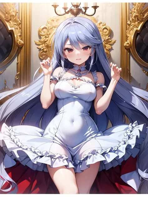 NSFW,Kazuki Kazami、Silver Hair、Long Hair、Red Eye、(High-quality tight dress:1.5),(Perfect hands),(Perfect Anatomy),(masterpiece),(Highest quality),Embarrassed,blush,Luxurious mansion,chandelier