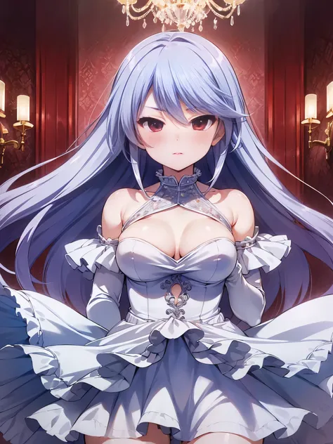 NSFW,Kazuki Kazami、Silver Hair、Long Hair、Red Eye、(High-quality tight dress:1.7),(Perfect hands),(Perfect Anatomy),(masterpiece),(Highest quality),Embarrassed,blush,Luxurious mansion,chandelier