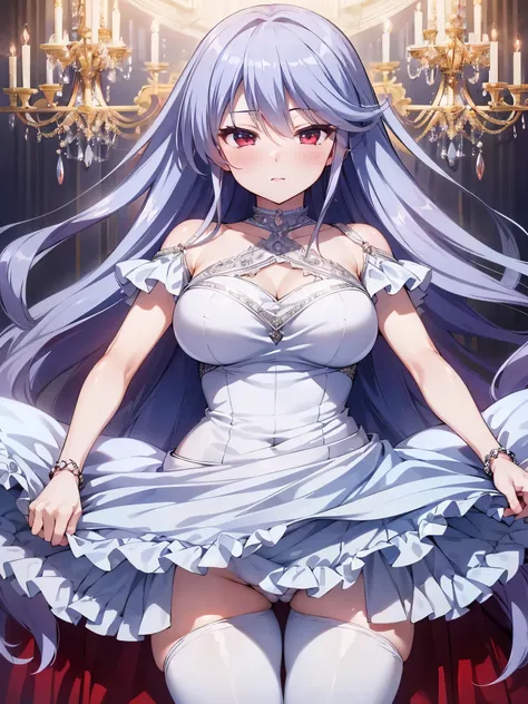 NSFW,Kazuki Kazami、Silver Hair、Long Hair、Red Eye、(High-quality tight dress:1.7),(Perfect hands),(Perfect Anatomy),(masterpiece),(Highest quality),Embarrassed,blush,Luxurious mansion,chandelier