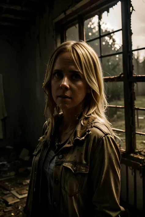 Blonde terrified Kristen Wiig in torn up ruined clothes in creepy lighting Night in abandoned mueseum, muddy ground, nighttime, clear white skin, wet and muddy, scratches everywhere, face dirty photography, natural light, photorealism, cinematic rendering,...