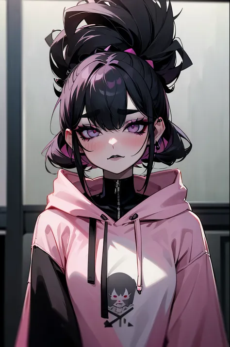 masterpiece, upper body, indoors, 1girl, solo, goth, goth makeup, smoky eyes, eyeshadow, eyeliner, black lips, black lipstick, black hair, hair over eyes, indoors, pink colored hoodie, blush, blushing,
