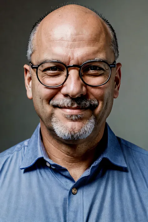 portrait of a bald 50-year-old man with a round face, with a smooth face, no beard, no mustache, no goatee, no facial hair, with round glasses