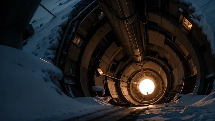 Dramatic lighting, chiaroscuro, looking down into an underground missile silo, ICBM, deep shaft, deep snow