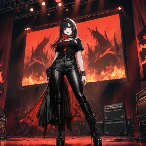 Mavis Dracula, furious, enthusiastic, performing, very sexy, large chest, black latex t-shirt, black nappa pants with red flames, black lace-up boots and stiletto heels, black choker and wristbands, gothic punk style, playing a customized red guitar, in a ...