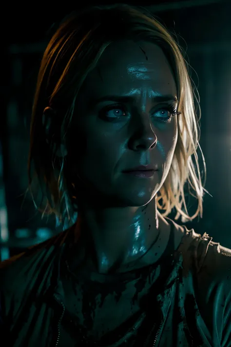 Blonde terrified Kristen Wiig in torn up ruined clothes in creepy blue lighting Night in abandoned sci fi lab, muddy ground, nighttime, clear white skin, wet and muddy, scratches everywhere, face dirty photography, natural light, photorealism, cinematic re...