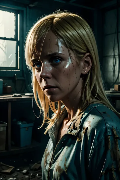 Blonde terrified Kristen Wiig in torn up ruined clothes in creepy blue lighting Night in abandoned sci fi lab, muddy ground, nighttime, clear white skin, wet and muddy, scratches everywhere, face dirty photography, natural light, photorealism, cinematic re...