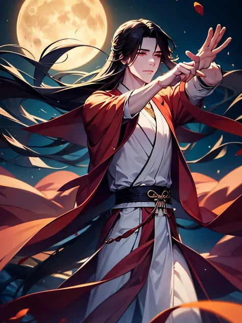 hua cheng, a man gracefully dancing with a fan in a moonlit bamboo forest. he wears a simple yet elegant yukata, his movements f...