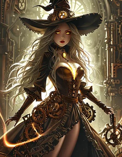 steampunk female witch, extremely detailed face, beautiful detailed eyes, beautiful detailed lips, long eyelashes, full body, intricate clockwork gears, brass and copper machinery, rusted metal textures, glowing energy effects, dramatic chiaroscuro lightin...