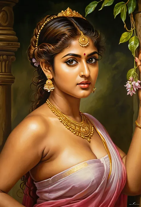 looks like nayanthara, exotic indian art, oviyar maruthi style painting, masterpiece, beautiful thick woman, best quality, high ...