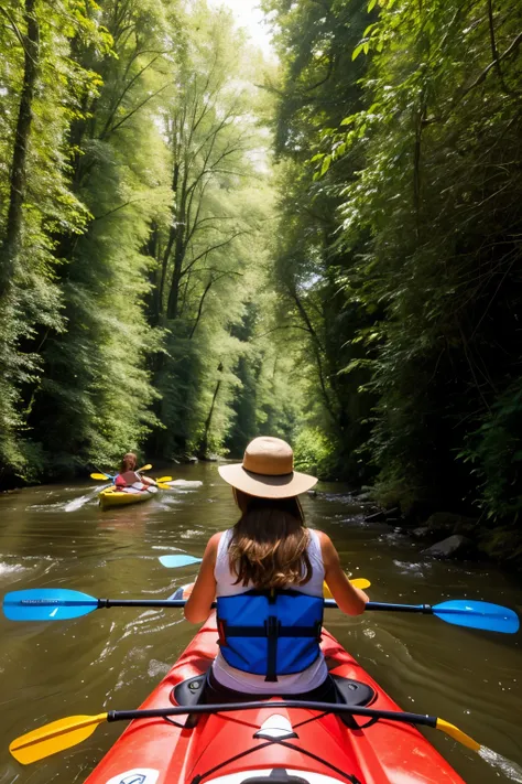 ((Best quality)), ((masterpiece)), (detailed),  a girl and a guy row a kayak towards us along a narrow river with banks overgrown with grass and trees on a sunny day.
