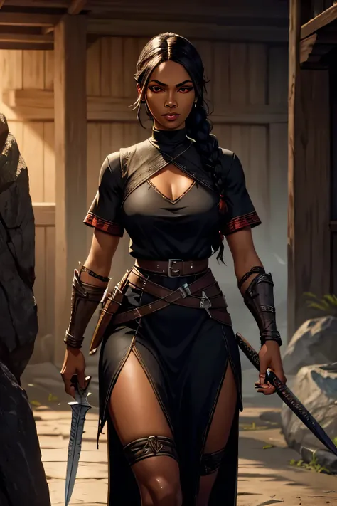 Tall black woman, pretty, braided black hair, red eyes, skyrim, ranger, redguard, scimitars 