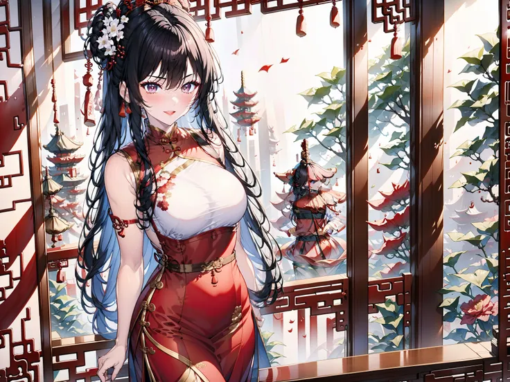 Overall style: Chinese style，A woman，Lens looking up，big。Close-up of face with eyes downcast，Holding a divorce letter in hand，A maid stood beside her，Standing under the tree at the gate of the mansion，Flowers Falling
