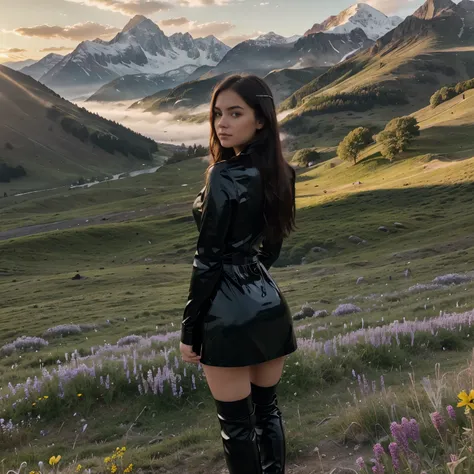 Create a stunning, hyper-realistic photo of a girl in a serene mountain meadow at sunrise. She is wearing a sleek black latex dress paired with knee-high black latex boots. The meadow is filled with vibrant wildflowers in a variety of colors, and the mist ...