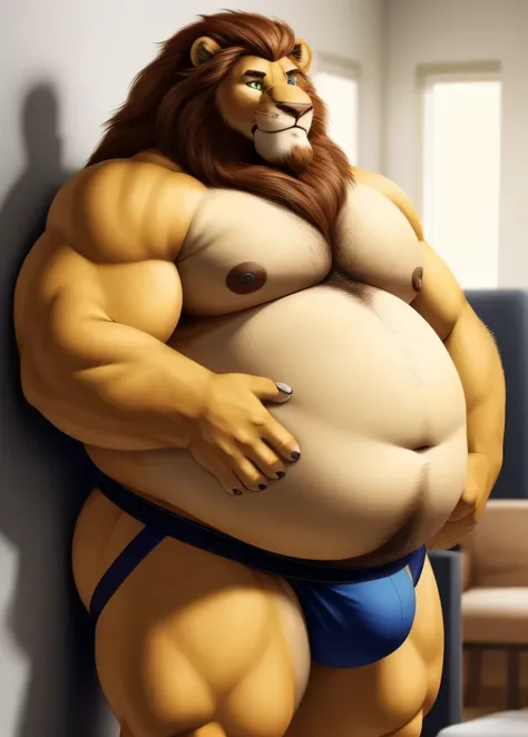 Lion, male, adult, long blond mane, beard along brown chin, green eyes, detailed eyes, extremely obese, very fat, not muscular, chubby face, drooping pecs, very large very fat very round belly, tight jockstrap