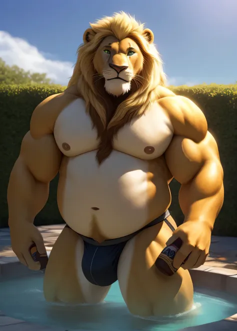 a male lion with a long blonde mane, green eyes, a very large and obese body, muscular arms, pectorals, wearing a tight jockstrap, about to enter a jacuzzi, in a garden on a beautiful day, holding a beer, ultra detailed, 8k, ultra detailed eyes, correct an...