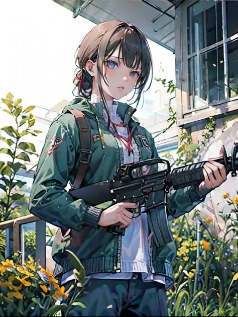 (masterpiece, best quality:1.2), solo, 1girl, using an m16a2